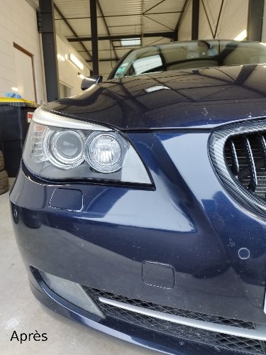 Optique avant d'une BMW Série 5 après traitement et protection anti-UV